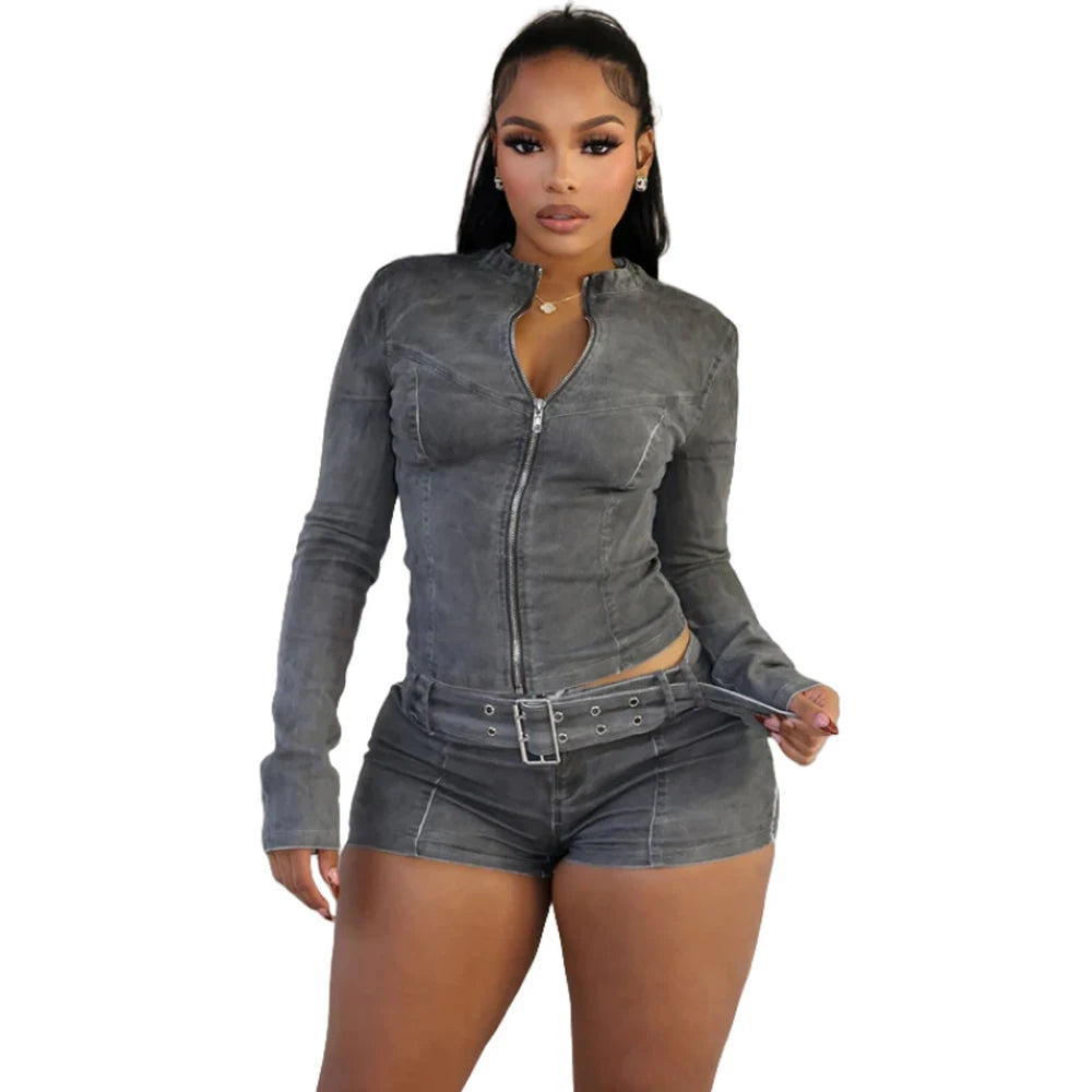 Sexy Denim Womens 2 Two Piece Set Stretchy Long Sleeve Zip Up Slim Jackets and Shorts Suits Y2k Streetwear Belt Jean Outfit Sets